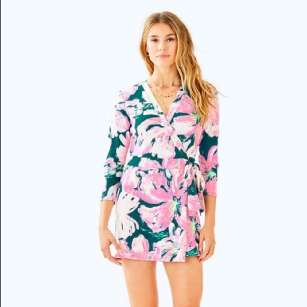 Lilly Pulitzer Karlie Wrap Romper Tidal Wave Pans Garden